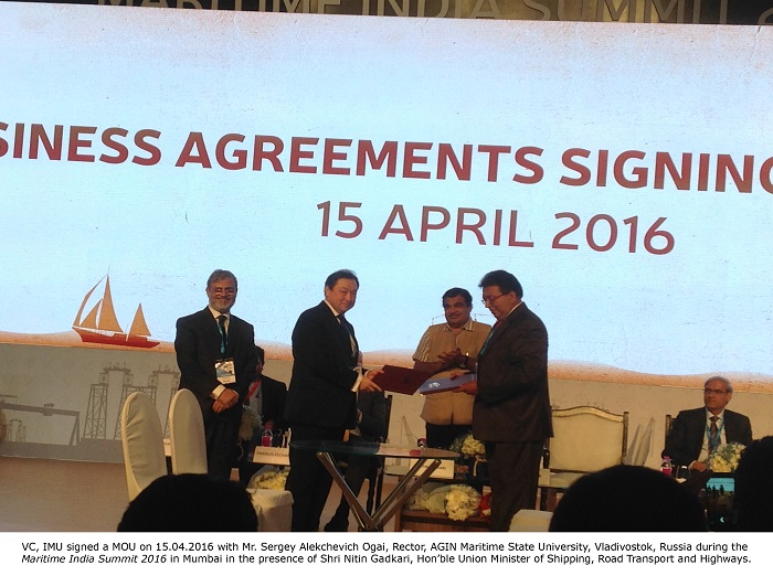 Vice Chancellor, IMU signed MOU with Mr. Sergey Alekchevich Ogai, Rector, AGIN Maritime State University, Vladivostok, Russia during the Maritime India Summit 2016