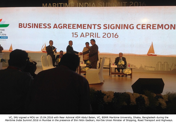 Vice Chancellor, IMU signed MOU with Mr. Rear Admiral ASM Abdul Baten, VC, BSMR Maritime University, Dhaka, Bangladesh during the Maritime India Summit 2016